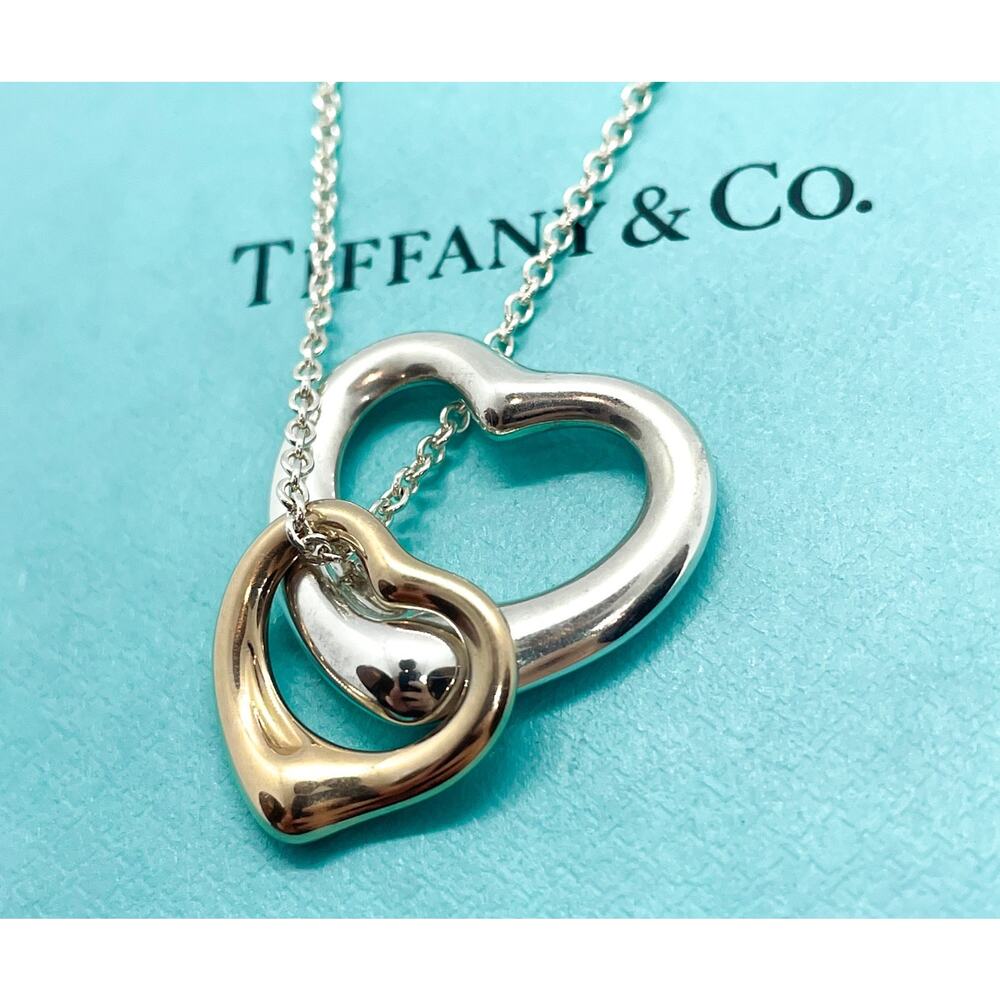 LARGE Tiffany & Co Elsa Peretti Double Open Heart Pendant Necklace 18k & Silver - Picture 3 of 13